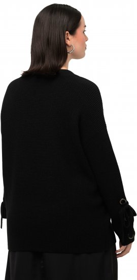 Ulla Popken Lace-Up Cuff Long Sleeve V-Neck Sweater Black - Sweaters & hoodies - 