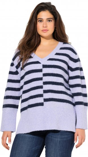 Ulla Popken Split Stripe Long Sleeve V-Neck Sweater Blue Grey - Sweaters & hoodies - 