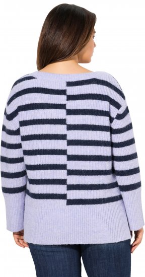 Ulla Popken Split Stripe Long Sleeve V-Neck Sweater Blue Grey - Sweaters & hoodies - 