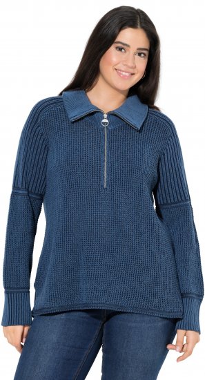 Ulla Popken Two-Tone Mixed Knit Troyer Collar Sweater Navy - Sweaters & hoodies - 