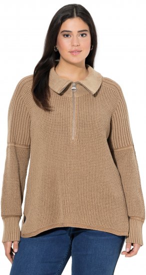 Ulla Popken Two-Tone Mixed Knit Troyer Collar Sweater Caramel - Sweaters & hoodies - 