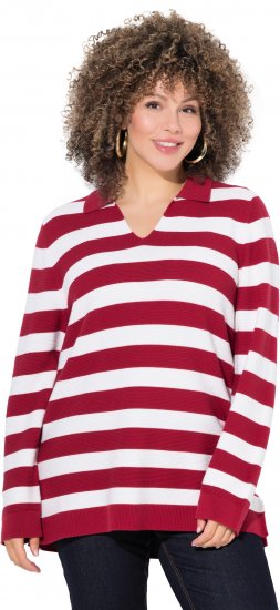 Ulla Popken Striped Polo Collar Long Sleeve Sweater Ruby Red - Sweaters & hoodies - 