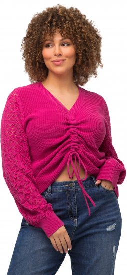 Ulla Popken Shaker Stitch Cropped Gathered Sweater Fuchsia Pink - Sweaters & hoodies - 