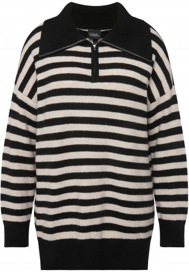 Ulla Popken Striped Troyer Collar Sweater Black - Sweaters & hoodies - 