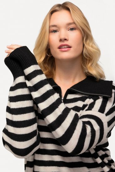 Ulla Popken Striped Troyer Collar Sweater Black - Sweaters & hoodies - Warme Sweatshirts, Hoodies & Truien