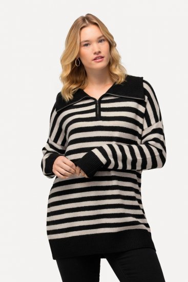Ulla Popken Striped Troyer Collar Sweater Black - Sweaters & hoodies - Warme Sweatshirts, Hoodies & Truien