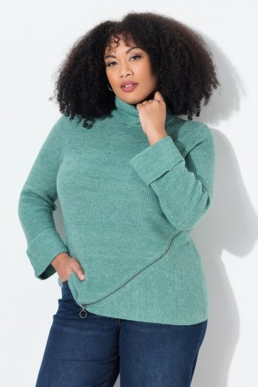 Ulla Popken Asymmetric Zipper Turtleneck Sweater Green - Sweaters & hoodies - Warme Sweatshirts, Hoodies & Truien