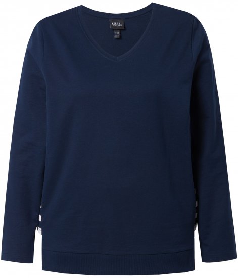Ulla Popken Stripe Panel Long Sleeve V-Neck Sweatshirt Navy - Sweaters & hoodies - 