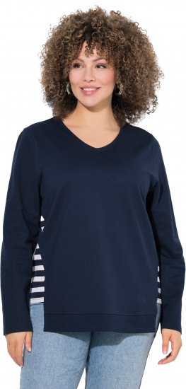 Ulla Popken Stripe Panel Long Sleeve V-Neck Sweatshirt Navy - Sweaters & hoodies - 