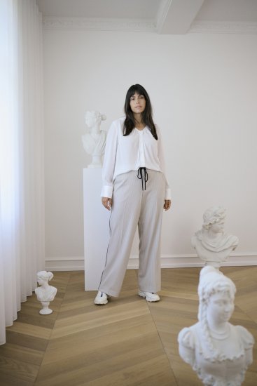 Kaffe Curve Sirana Pants Beige Melange/Black Stripe - Stoffen broeken - 