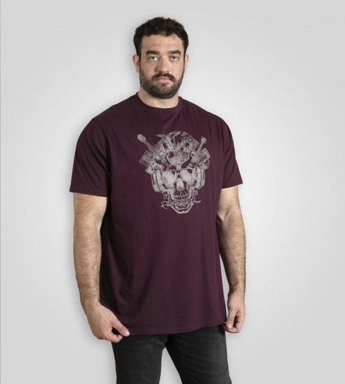 D555 Grimsby Rock n' Roll Skull Printed T-Shirt Burgundy - T-shirts met opdruk - T-shirts met opdruk grote maten