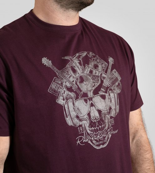 D555 Grimsby Rock n' Roll Skull Printed T-Shirt Burgundy - T-shirts met opdruk - T-shirts met opdruk grote maten