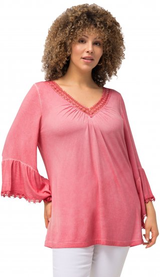 Ulla Popken Trumpet Sleeve Cold Dyed Tee Dark Pink - Bedrukte T-shirts voor dames - 