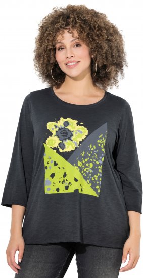 Ulla Popken Graphic Patch Print 3/4 Sleeve T-Shirt Black - T-shirts - 