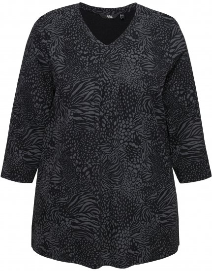 Ulla Popken Animal Print 3/4 Sleeve V-Neck Tee Black - T-shirts - 