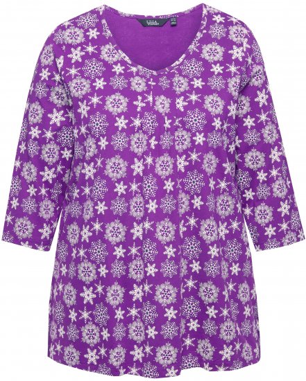 Ulla Popken Snowflake Print 3/4 Sleeve A-Line Tee Dark Purple - Bedrukte T-shirts voor dames - 