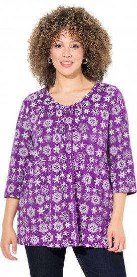 Ulla Popken Snowflake Print 3/4 Sleeve A-Line Tee Dark Purple - Bedrukte T-shirts voor dames - 