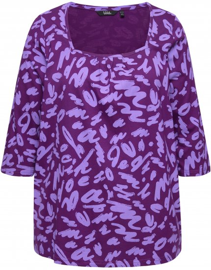Ulla Popken Scribble Print Square Neck 3/4 Sleeve Tee Violet - Bedrukte T-shirts voor dames - 