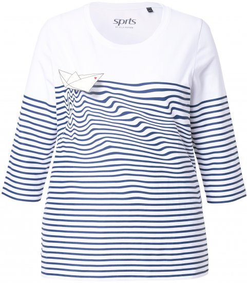 Ulla Popken Paper Boat Print 3/4 Sleeve Tee Snow White - Bedrukte T-shirts voor dames - 