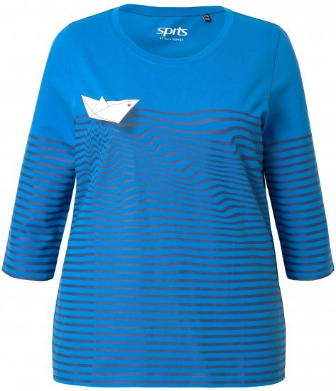 Ulla Popken Paper Boat Print 3/4 Sleeve Tee Pacific Blue - Bedrukte T-shirts voor dames - 