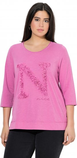 Ulla Popken Textured Lettering 3/4 Sleeve Tee Pink - Bedrukte T-shirts voor dames - 