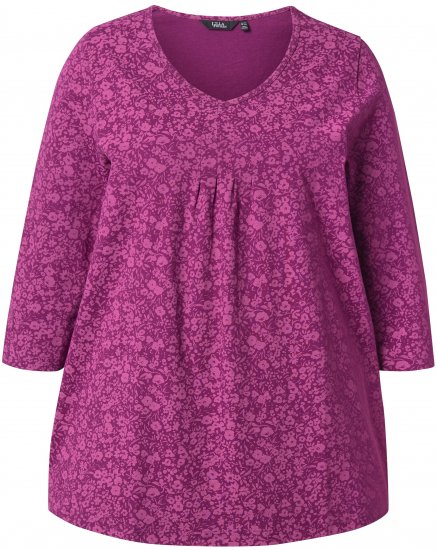 Ulla Popken Pleated Floral Print 3/4 Sleeve Tee Raspberry - Bedrukte T-shirts voor dames - 
