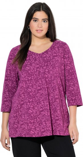 Ulla Popken Pleated Floral Print 3/4 Sleeve Tee Raspberry - Bedrukte T-shirts voor dames - 