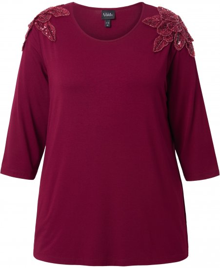 Ulla Popken Flower Epaulet 3/4 Sleeve Top Dark Cherry Red - Bedrukte T-shirts voor dames - 