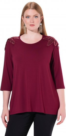 Ulla Popken Flower Epaulet 3/4 Sleeve Top Dark Cherry Red - Bedrukte T-shirts voor dames - 