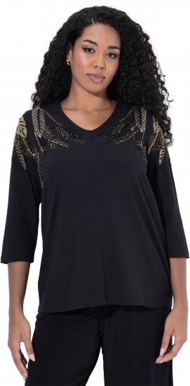 Ulla Popken Feather Beadwork 3/4 Sleeve Top Black - Bedrukte T-shirts voor dames - 
