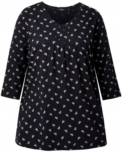 Ulla Popken Flower Print 3/4 Sleeve Tee Black - T-shirts - 