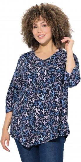 Ulla Popken Ribbon Print 3/4 Sleeve Asymmetric Tee Navy - Bedrukte T-shirts voor dames - 