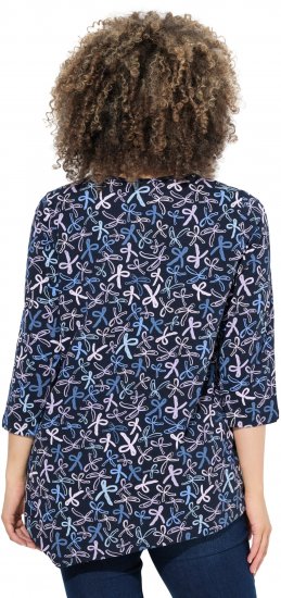 Ulla Popken Ribbon Print 3/4 Sleeve Asymmetric Tee Navy - Bedrukte T-shirts voor dames - 