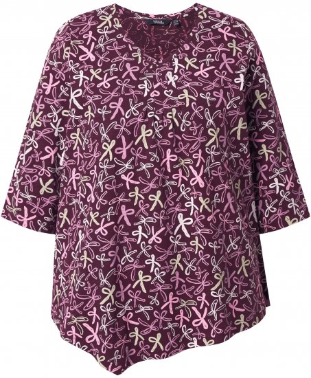 Ulla Popken Ribbon Print 3/4 Sleeve Asymmetric Tee Plum - Bedrukte T-shirts voor dames - 