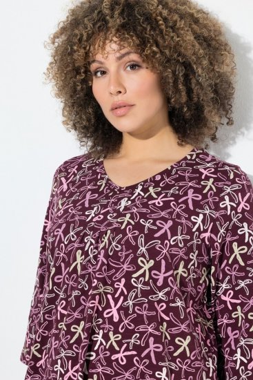Ulla Popken Ribbon Print 3/4 Sleeve Asymmetric Tee Plum - Bedrukte T-shirts voor dames - Bedrukte T-shirts voor Dames