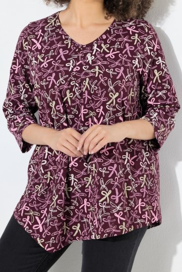 Ulla Popken Ribbon Print 3/4 Sleeve Asymmetric Tee Plum - Bedrukte T-shirts voor dames - Bedrukte T-shirts voor Dames