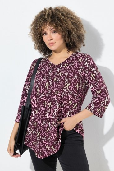 Ulla Popken Ribbon Print 3/4 Sleeve Asymmetric Tee Plum - Bedrukte T-shirts voor dames - Bedrukte T-shirts voor Dames