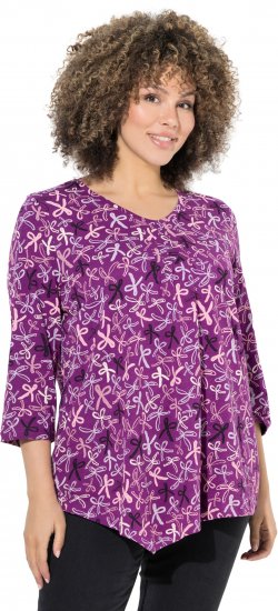 Ulla Popken Ribbon Print 3/4 Sleeve Asymmetric Tee Light Plum - Bedrukte T-shirts voor dames - 