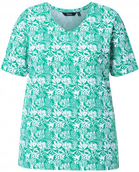 Ulla Popken Coral Reef Printed Short Sleeve V-Neck Tee Emerald - Bedrukte T-shirts voor dames - 