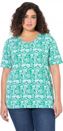 Ulla Popken Coral Reef Printed Short Sleeve V-Neck Tee Emerald - Bedrukte T-shirts voor dames - 