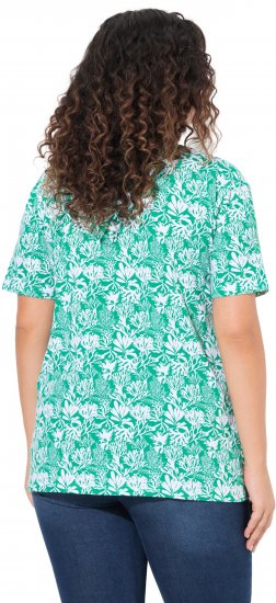 Ulla Popken Coral Reef Printed Short Sleeve V-Neck Tee Emerald - Bedrukte T-shirts voor dames - 