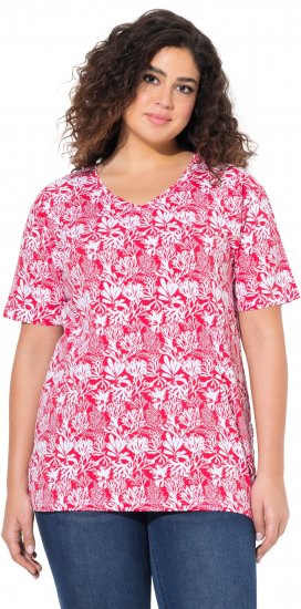 Ulla Popken Coral Reef Printed Short Sleeve V-Neck Tee Lychee - Bedrukte T-shirts voor dames - 