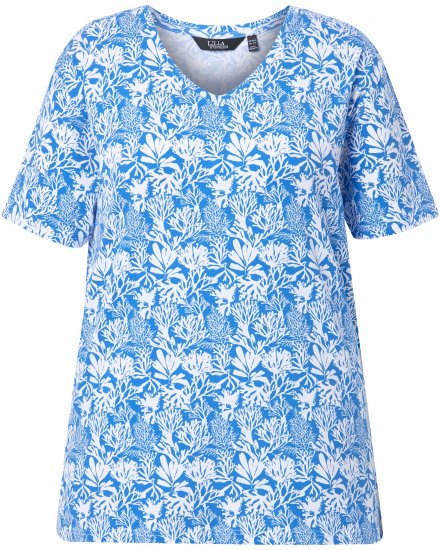 Ulla Popken Coral Reef Printed Short Sleeve V-Neck Tee Teal Blue - Bedrukte T-shirts voor dames - 