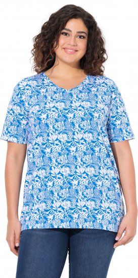 Ulla Popken Coral Reef Printed Short Sleeve V-Neck Tee Teal Blue - Bedrukte T-shirts voor dames - 
