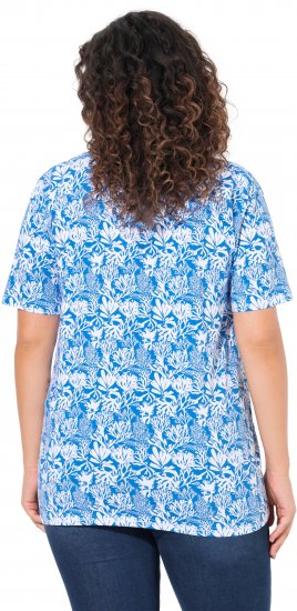 Ulla Popken Coral Reef Printed Short Sleeve V-Neck Tee Teal Blue - Bedrukte T-shirts voor dames - 