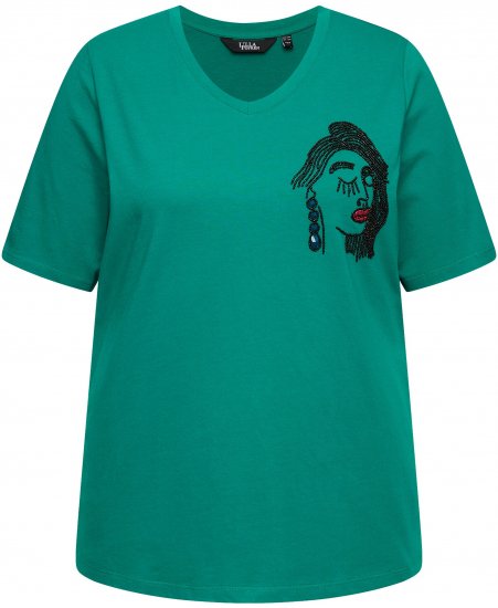 Ulla Popken Embroidered Face Motif Short Sleeve V-Neck Tee Emerald Green - Bedrukte T-shirts voor dames - 