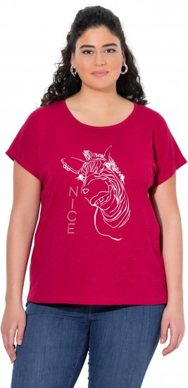Ulla Popken Metallic Animal Cap Sleeve Graphic Tee Dark Raspberry - Bedrukte T-shirts voor dames - 