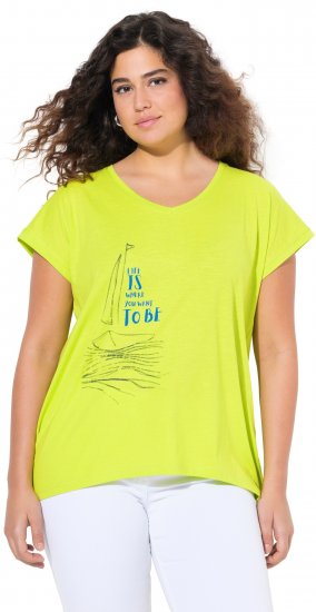 Ulla Popken Half-Sleeve A-line V-Neck Boat Pattern T-Shirt Lime - Bedrukte T-shirts voor dames - 