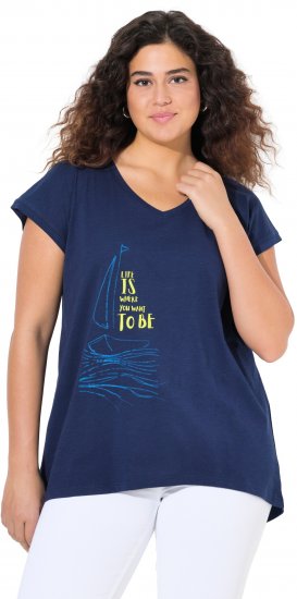 Ulla Popken Half-Sleeve A-line V-Neck Boat Pattern T-Shirt Ink Blue - Bedrukte T-shirts voor dames - 