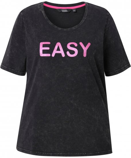 Ulla Popken Easy Short Sleeve Acid Wash Graphic Tee Black - Bedrukte T-shirts voor dames - 